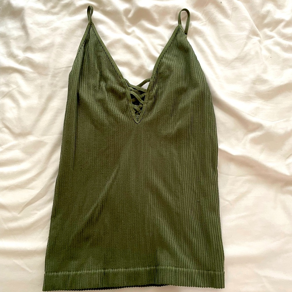 Green strappy tank top with busty lacing in front